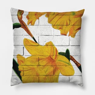 Daffodils on a white brick wall Pillow