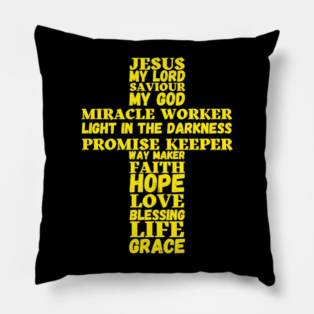 Golden words about Jesus in shape of a cross Pillow by Blue Butterfly Designs 