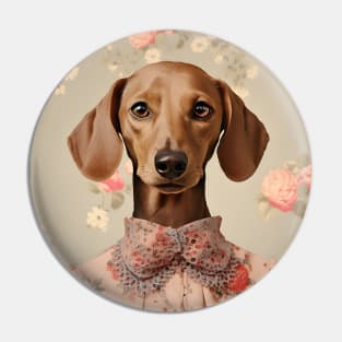 Cute Floral Dachshund Dog Portrait Vintage Art Pin