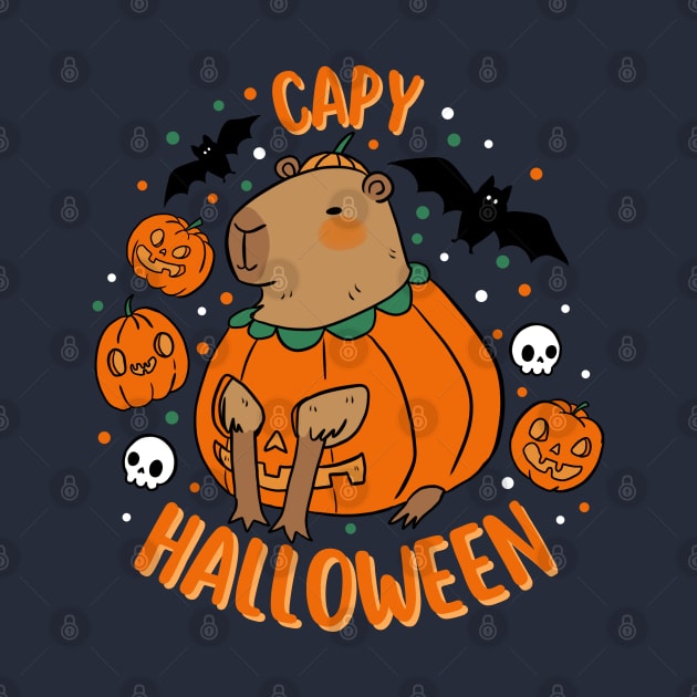 Happy Halloween a cute capybara in a pumpkin for Halloween by Yarafantasyart