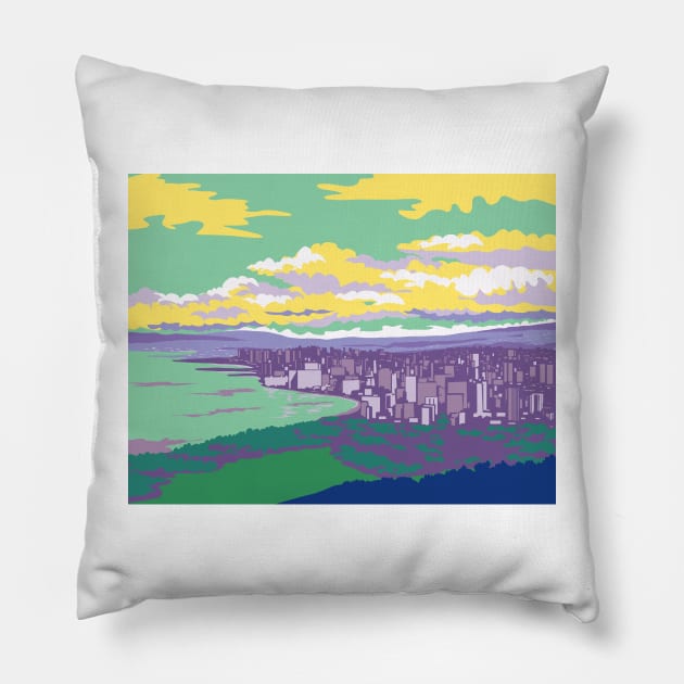 Waikiki from Diamond Head Crater in Honolulu Hawaii WPA Poster Art Pillow by retrovectors