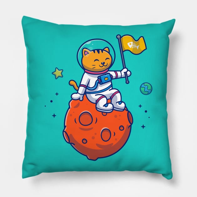 Cute Cat Astronaut Sitting On Moon With Flag Cartoon Pillow by Catalyst Labs
