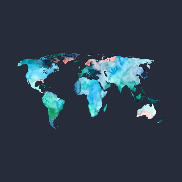 World Map in Indigo, Teal and Blush Pink by Gingerlique