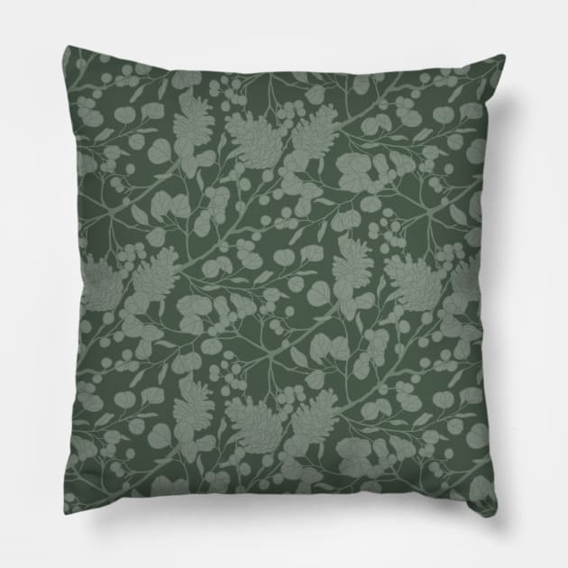 Dark Sage Winter Leaves Pillow by Carolina Díaz