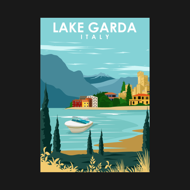 Lake Garda Italy Vintage Minimal Retro Travel Poster by jornvanhezik