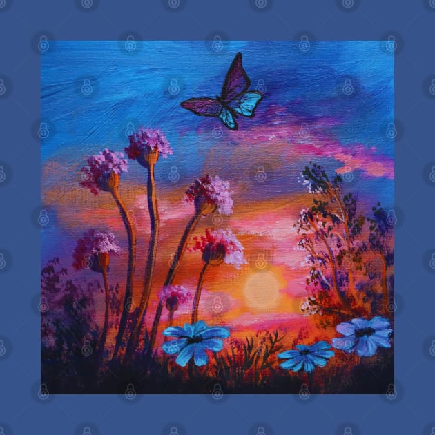 Nature Garden Flowers Botanical Butterfly Pink Orange Sunset by Tina