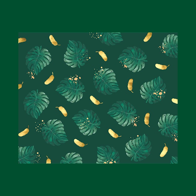 Monstera Tropical Pattern with Gold Feathers and Splatters by Sizzlinks