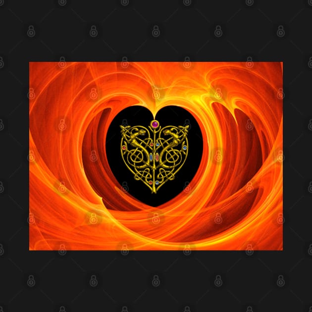 GOLD CELTIC KNOT HEART, LIZARDS IN BLACK ORANGE YELLOW FRACTAL WAVES by BulganLumini