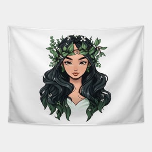 Cartoon Style Portrait - Young Woman with long flowery hair Tapestry