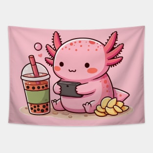 cute axolotl enjoying games and boba Tapestry