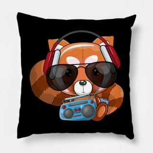 cute cartoon red panda listening music illustration Pillow
