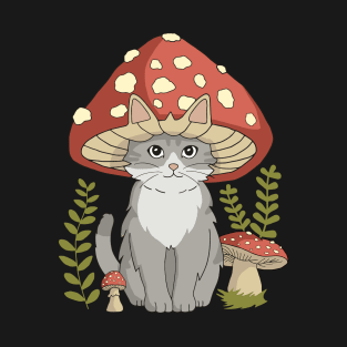 Cute Cottagecore Aesthetic Cat Mushroom Hat Vintage Cat T-Shirt