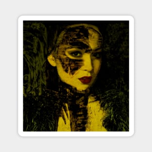 Beautiful girl, with mask. Like royal, but dark. Yellow and green light, red lips. So beautiful and calm. Magnet