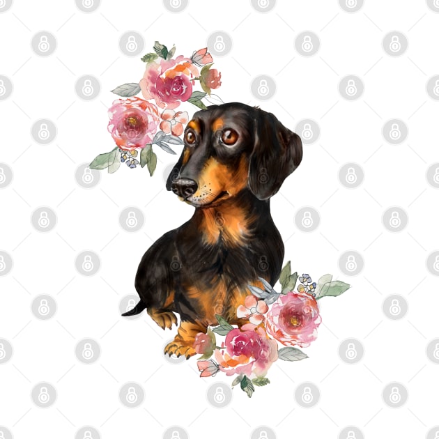 Cute Black Dachshund Puppy Dog Watercolor Art by AdrianaHolmesArt