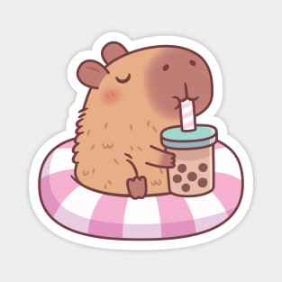 Cute Capybara On Pool Float Drinking Bubble Tea Magnet