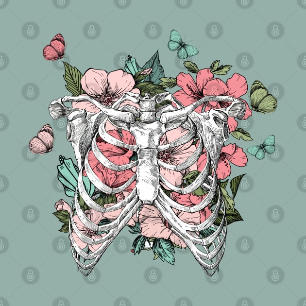 Blooming flowers human ribcage with butterflies by Dr.Bear