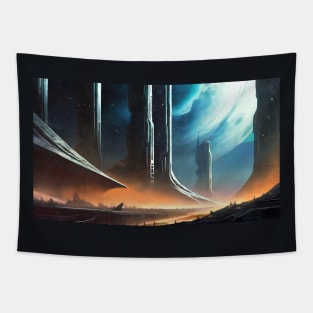 Futuristic illustration of city in space Tapestry