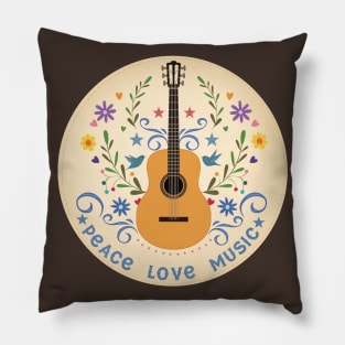 Peace Love And Music Folk Guitar Badge Pillow