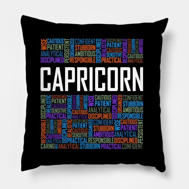 Capricorn Zodiac Words Pillow by LetsBeginDesigns