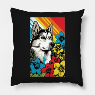 Husky Dog Vibrant Tropical Flower Tall Retro Vintage Digital Pop Art Portrait 4 Pillow