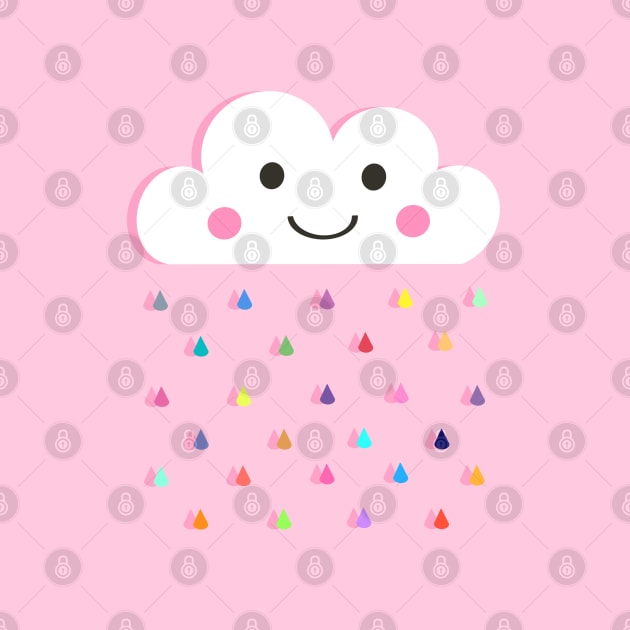 Rainbow Raindrops, Happy Rain Cloud, on Pink by OneThreeSix