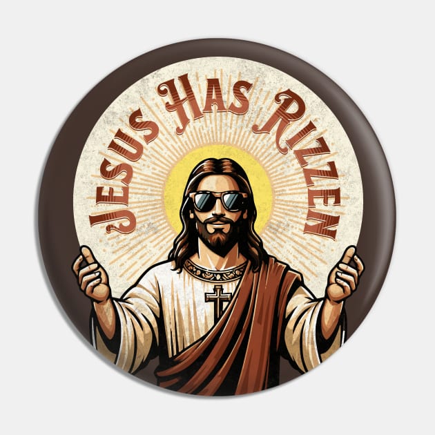 Jesus Has Rizzen - Retro Vintage Risen Christian Faith Funny Pin by Lunatic Bear