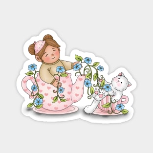 Girl And Cat Inside Tea Cup Magnet