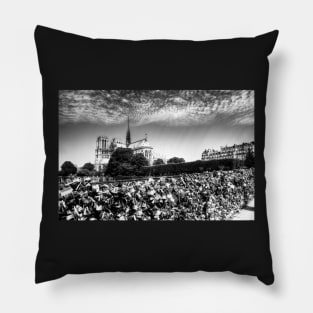 Notre Dame de Paris & Love Lock Bridge Black And White Pillow