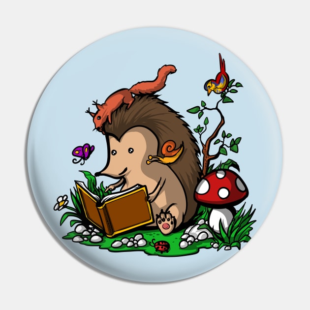Hedgehog Book Reading Lover Funny Geek Forest Pin by underheaven