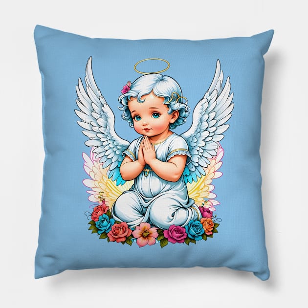 Praying Baby Girl Angel Cherub comic retro vintage Pillow by Neon City Bazaar