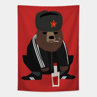 Gopnik bear squatting on the street Tapestry