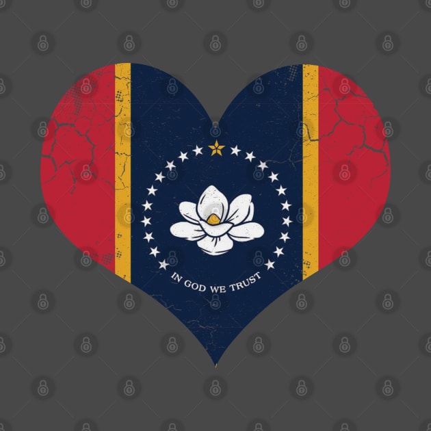 Mississippi Flag Heart Love Home Retro Fade by E