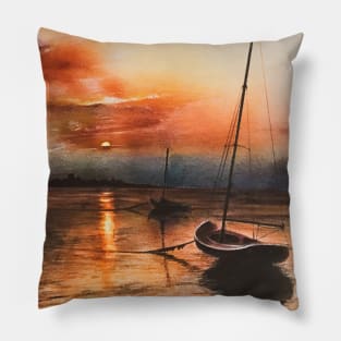 Airbrush of boat on sea at sunset Pillow