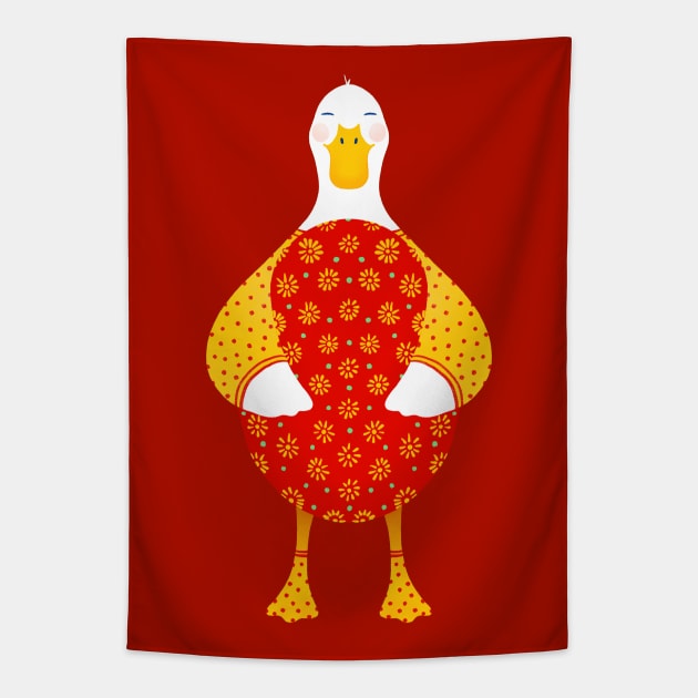 Cute white duck with red floral easter egg, version 3 Tapestry by iulistration