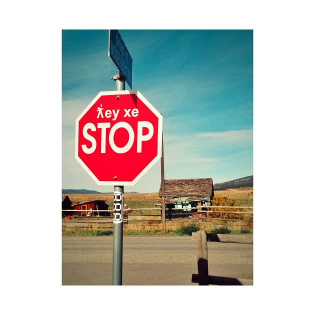 Bilingual stop sign in English and First Nations language near Merritt, BC, Canada. by Nalidsa