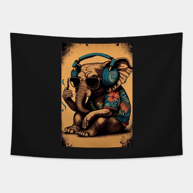 Psychedelic Elephant wearing headphones, sunglasses, and Hawaiian shirt Tapestry by dholzric