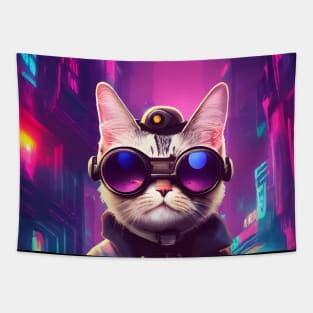 Techno Cat In Japan Neon City Tapestry