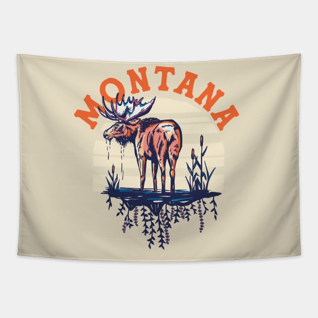 Big Sky Country Montana. Cool Retro Shirt Art Featuring A Moose Tapestry by The Whiskey Ginger