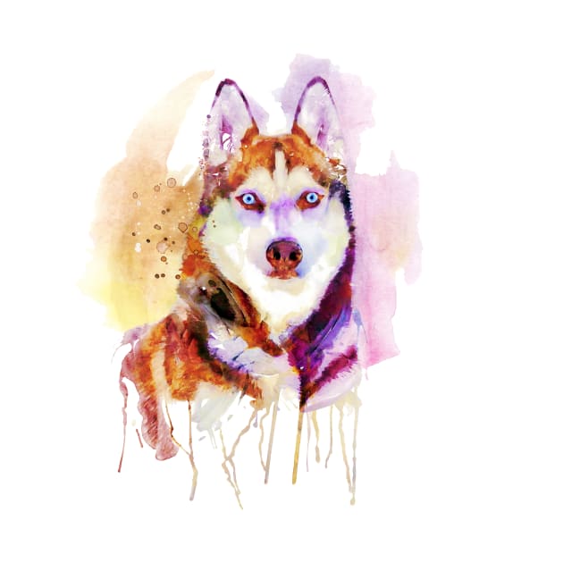 Husky Dog Watercolor Portrait by Marian Voicu