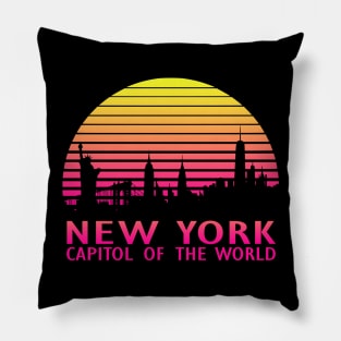 New York Capitol Of The World  80s Tropical Sunset Pillow