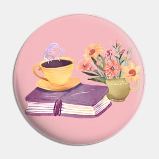 Cute Watercolor Flowers Books and Coffee Pin