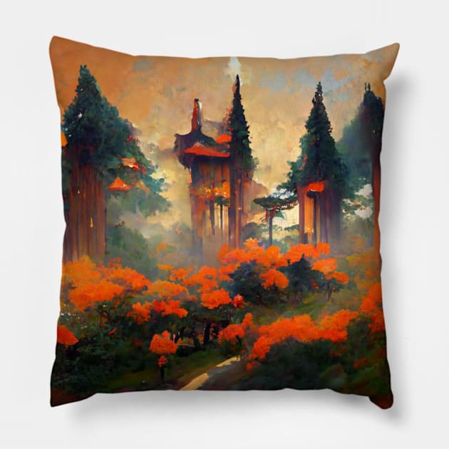 A japanese landmark in the forest Pillow by etherElric