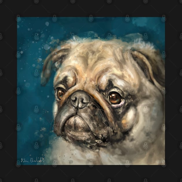 Expressive painting of a Pug on a dark blue background by ibadishi