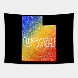 Colorful mandala art map of Utah with text in blue, yellow, and red Tapestry