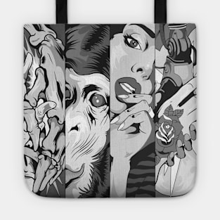 Dope four panels of animal human skulls and robots ink-prncil black-and-white illustration Tote