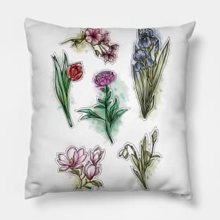 Spring Flowers set, Art Nouveau flower pattern, nature, Tulip, Iris, Cherry blossom, Primrose, Pastel, Watercolor style Pillow