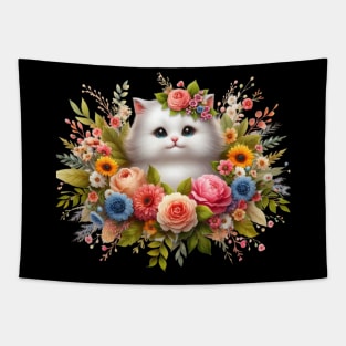 Floral Feline Frolic: A Funny and Cute Cat's Garden Adventure Tapestry