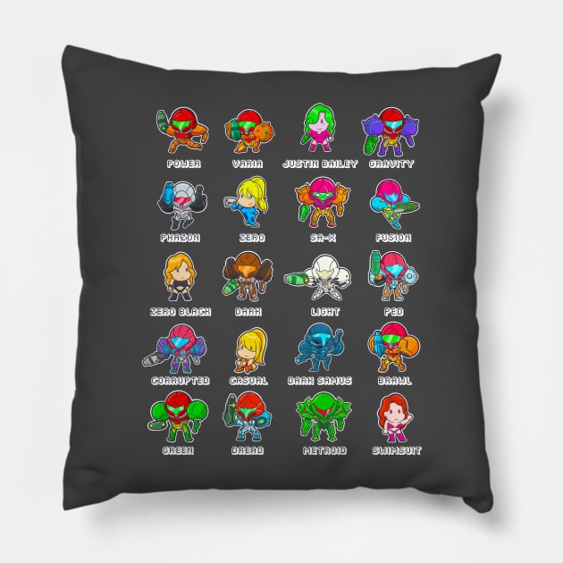 The Many Suits of Samus Pillow by DrawingsFromHell