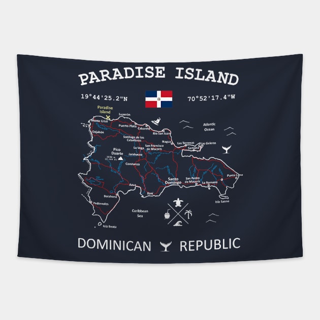 Paradise Island Dominican Republic Flag Travel Map Coordinates GPS Tapestry by French Salsa