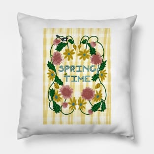 Spring Time Floral Wreath with Yellow Daisies, Caterpillar, Magpie, and Ladybug on Plaid | pink, yellow Pillow